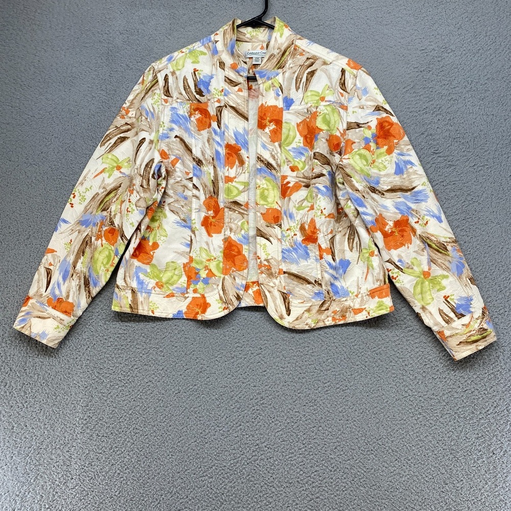 Coldwater Creek Jacket Womens P14‎ Petite Floral Colorful Open Front 100% Cotton